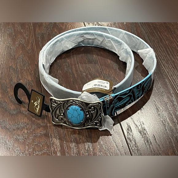Patricia Nash Roseanna Stone Buckle Tooled Leather Belt-Turquoise-M 36\